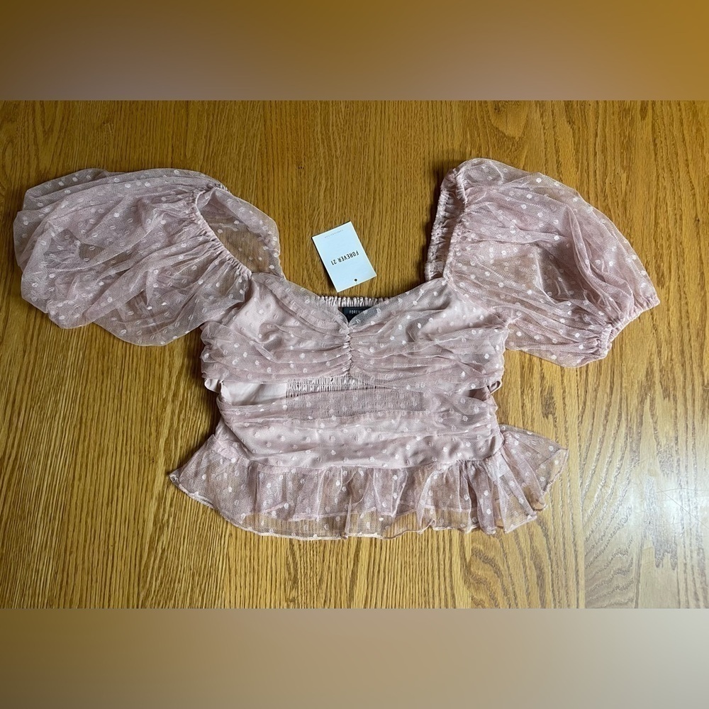 Forever 21 Off the Shoulder Mesh Pink Crop Top Size Medium Milkmaid Coquette